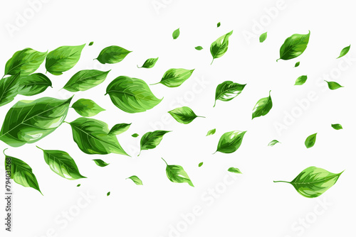 Green flying leaves wave. Organic cosmetic background. Natural herbal tea. Vegan, eco, bio design element. Leaf falling. Summer foliage ornament. Beauty product. Healthy food. Vector illustration