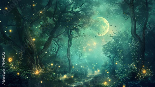 enchanting fantasy forest scene under the moonlight with mysterious glowing lights dancing among the trees digital painting © Bijac