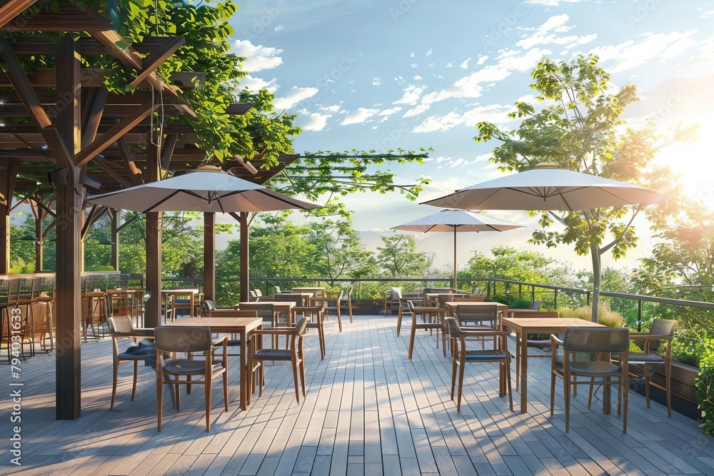 cozy outdoor cafe or restaurant terrace with tables and chairs sunny day 3d rendering