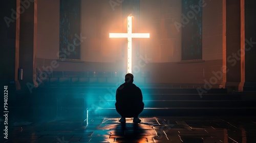 faithful christian man praying before illuminated cross spiritual devotion and worship religious concept photo