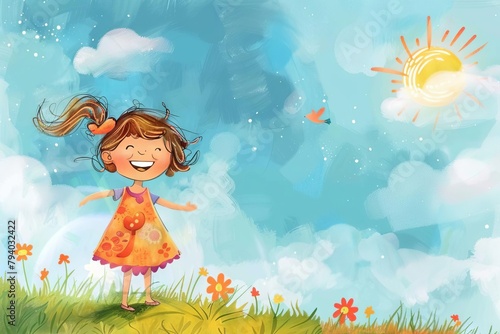cute little girl in colorful dress smiling under blue sky with fluffy clouds childrens illustration
