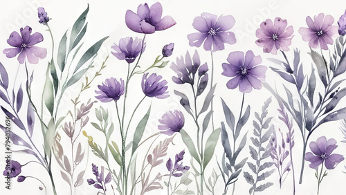 Abstract Amethyst pastel background with botanical flowers and leaves in watercolor style. Soft vintage floral art painting