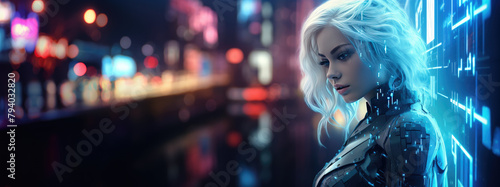 Beautiful woman with unreal hair in futuristic costume against city lights; one glance fuses digital with soulful, merging future and feeling.