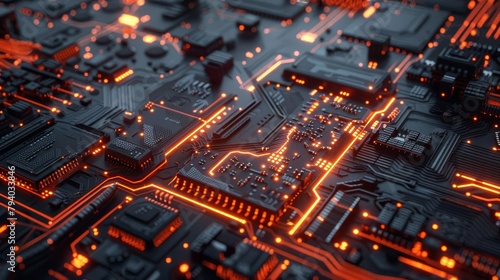 futuristic ai circuit board with glowing components on dark background 3d rendering photo