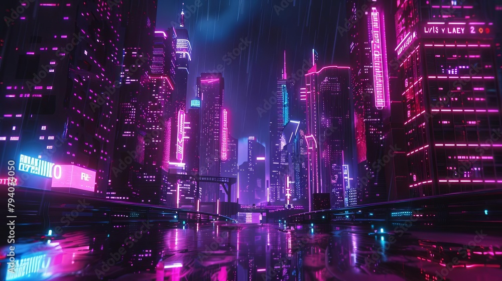 futuristic cyberpunk city at night neonlit buildings and streets dark urban landscape digital art