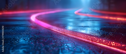 Neonlit running track in sports arena ideal for outdoor fitness promotions. Concept Outdoor Fitness, Sports Arena, Neon Lighting, Running Track, Promotional Shoot
