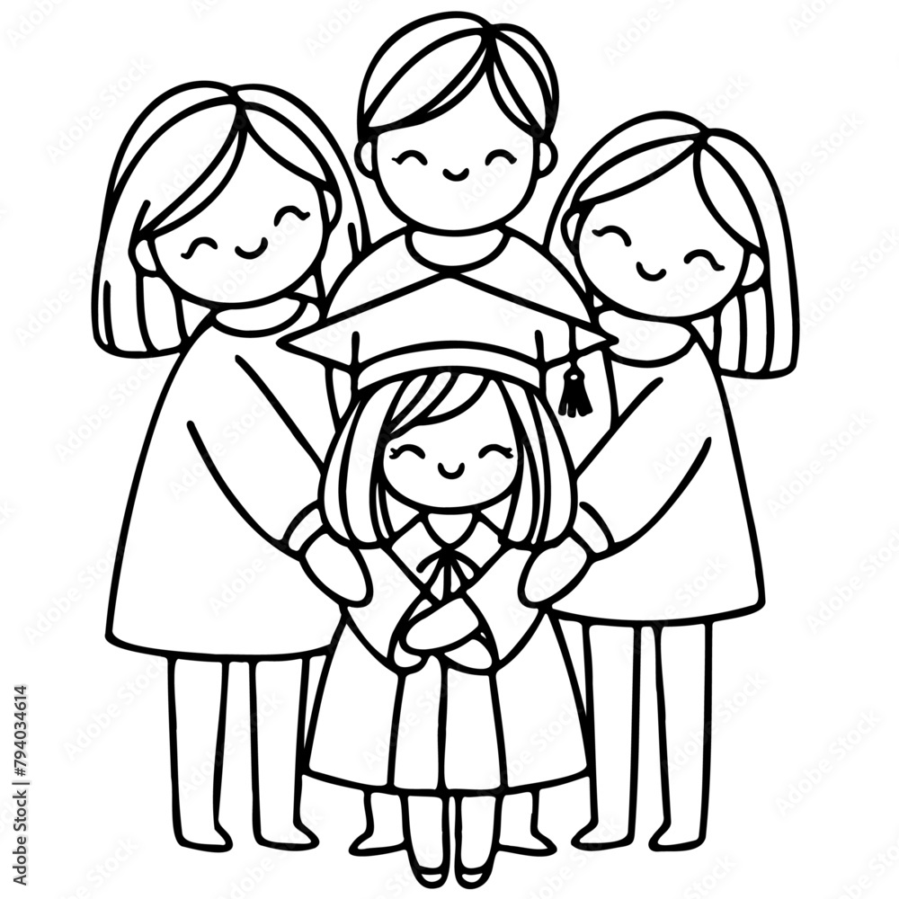 a graduation cap and gown, hugging her family a graduation cap and gown, hugging her family