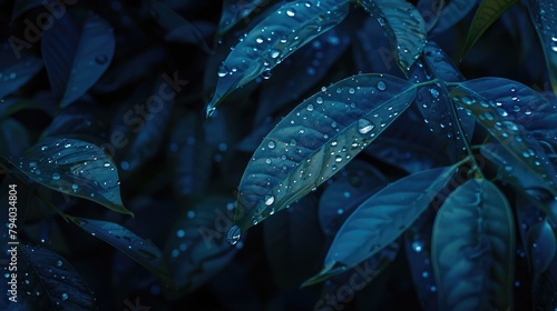 Close-up of leaf with water drops, vibrant blue tones, dew drops on a green leaf.