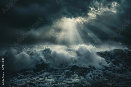 dramatic view of huge ocean waves crashing under dark stormy sky with bright light rays
