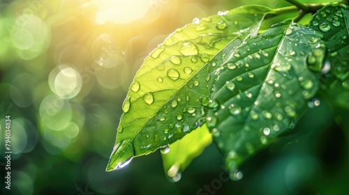Sunlit dewdrop on green leaf, crisp nature macro, vibrant freshness. Morning dewdrop on leaf, crisp and clear with focused sunlight reflections, set against a lush green springtime backdrop. photo