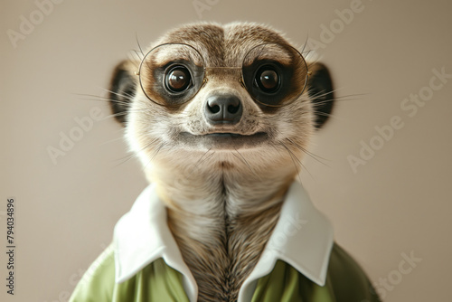 Closeup of funny meerkat as businessman dressed in shirt and glasses photo