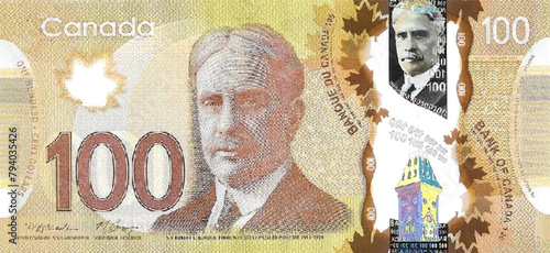 Vector obverse high poly pixel mosaic banknote of Canada. Front side. Denominations of bill 100 dollars 2011. Game money of flyer.