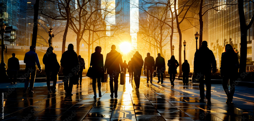 A group of people walking down a city street at sunset