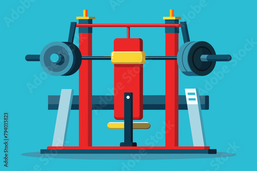 Flat design illustration of a red weight training machine with barbell and weights for fitness and gym workout