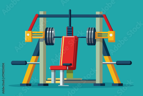 Gym weight bench press machine illustration. Fitness equipment for strength training and workout in flat design style.