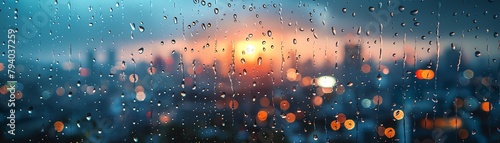 Raindrops falling on a window pane, blurred cityscape in the background during a storm, mood of contemplation and indoor comfort photo