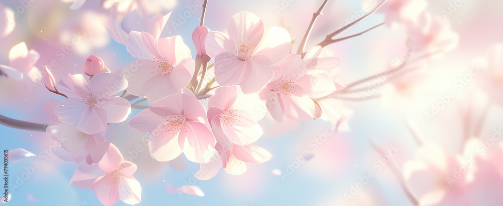 Spring banner, blossoming cherry over blue sky background. Beautiful cherry blossom sakura in spring time, romantic image spring, landscape panorama.