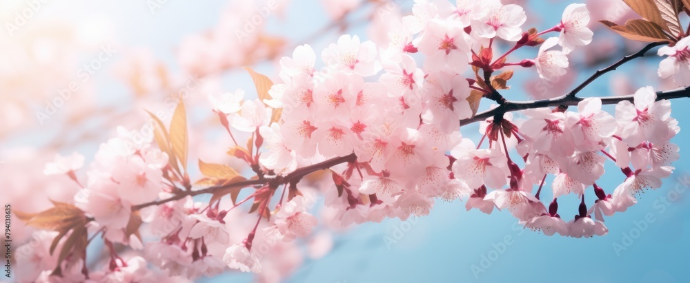 Natural floral background of pink and white flowers with pastel colors. Banner background with copy space.