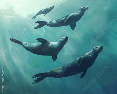 Seals performing synchronized swimming, executing elegant formations and maneuvers in the ocean