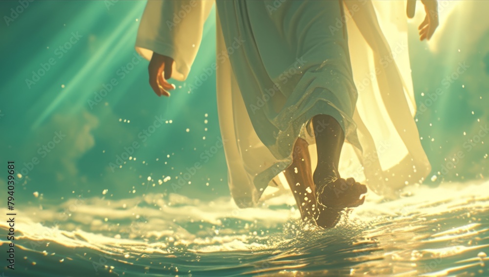 Jesus walks on water during storm at sea, waves ocean, miracle, 4k