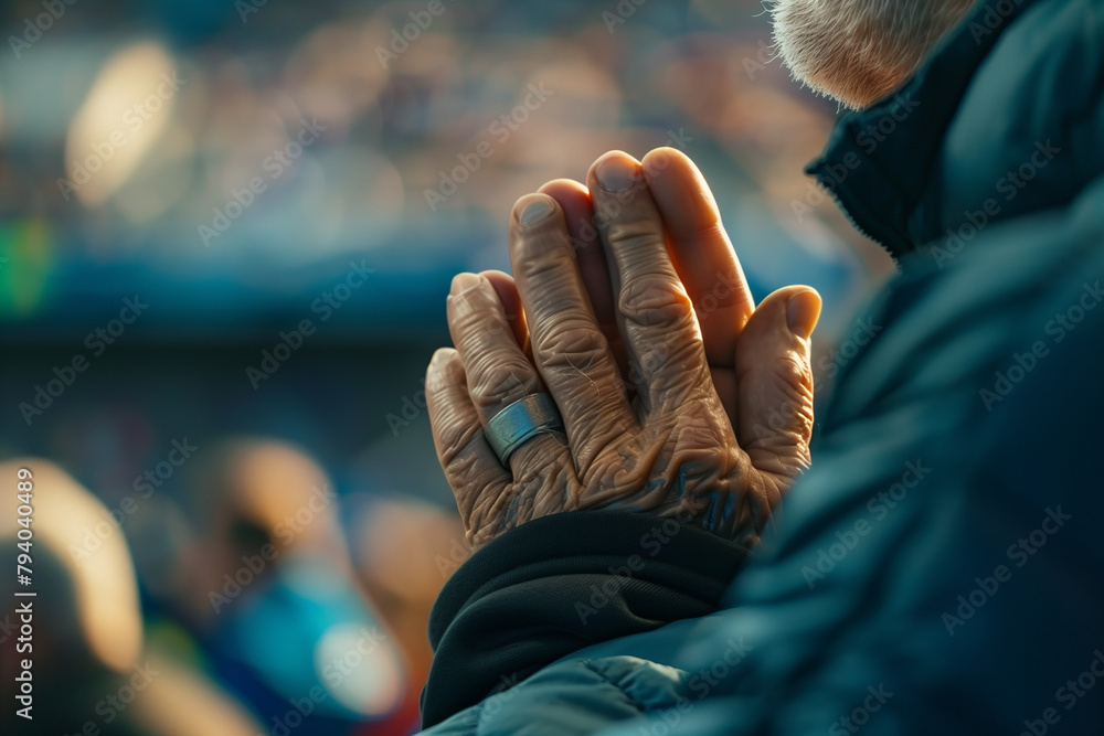 Close-up of a football fan's hands clasped together in prayer during a tense penalty shootout at Euro 2024. A man in an electric blue ring praying with folded hands