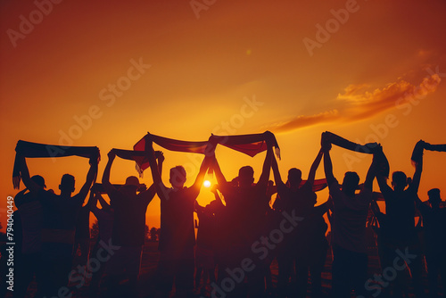 Silhouette of football fans raising their scarves in unison, creating a striking visual against the backdrop of the setting sun. People in nature hold scarves in air, happy at sunset