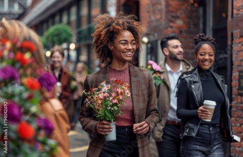 A radiant young woman with flowers walks alongside friends in an urban setting, smiling and engaging