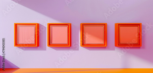An avant-garde art gallery featuring four bright orange frames on a light purple wall, designed to inject fun and vibrancy into the art world photo