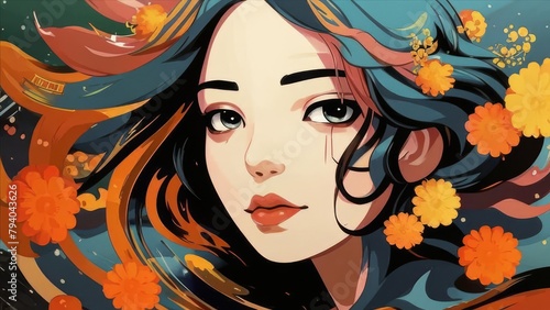  Illustration of a girl with flowers in her hair.