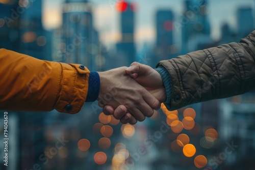 Two professionals engage in a firm handshake above a bustling cityscape as the day transitions into evening.