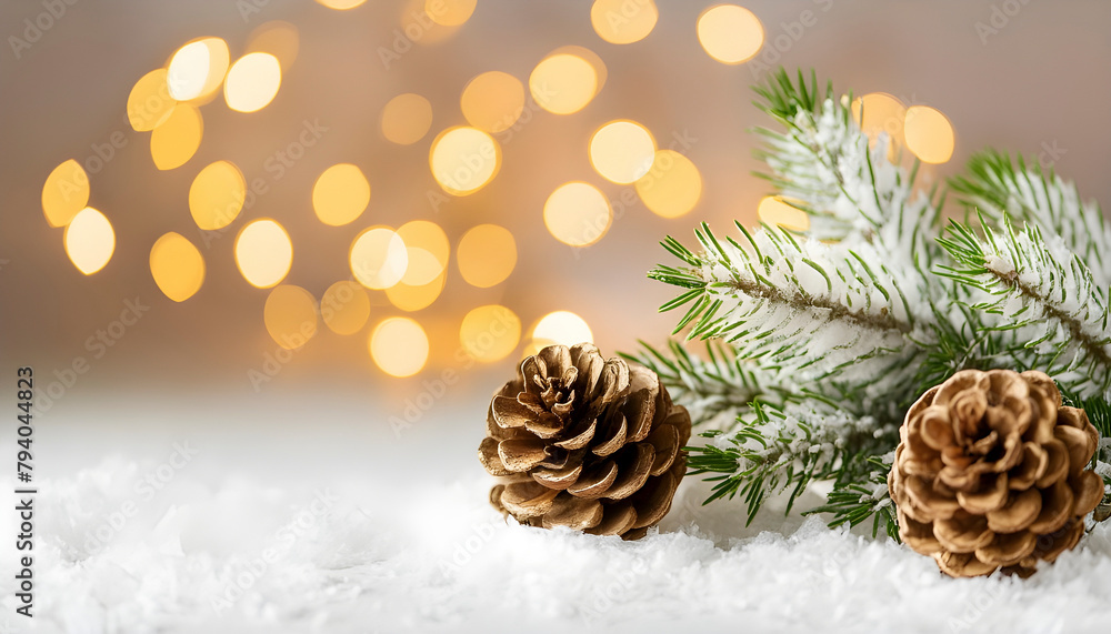 Enchanting Christmas Eve. Glittering Cones and Luminous Bokeh. Enchanting Christmas Eve. Glittering Cones and Luminous Bokeh.