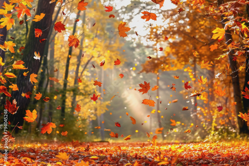 Vibrant autumn leaves falling gently to the ground in a peaceful forest setting  close-up