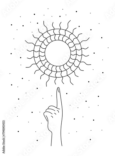 Mystic celestial summer solstice sun rays sign levitate over woman hand. Spirituality equinox holiday linear symbol. Esoteric tattoo or logo outline sketch. Boho style summertime vector eps logotype