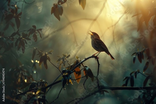 A small bird relaxing on a branch full of flowers. seamless looping time-lapse virtual 4k video Animation Background.. Beautiful simple AI generated image in 4K, unique. photo