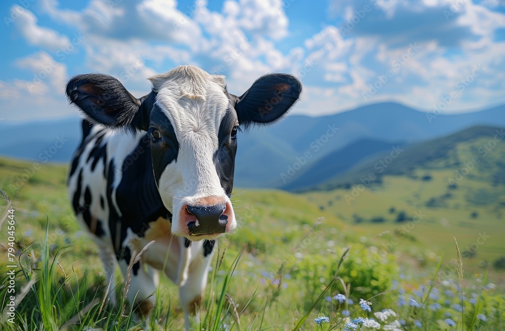 funny Cow in green grassy field with mountains in the background, blue sky,