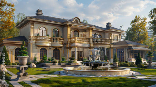 A classic house in muted gold, with an elegant fountain in the front and a meticulously landscaped lawn.