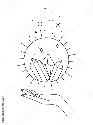 Spirituality celestial crystal in summer solstice sun sign levitate over woman hand. Mystic equinox holiday linear symbol. Esoteric tattoo or logo outline sketch. Boho style summertime vector logotype