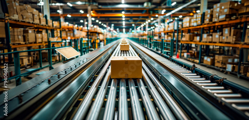 A conveyor belt in a warehouse with boxes on it © Mr. Stocker