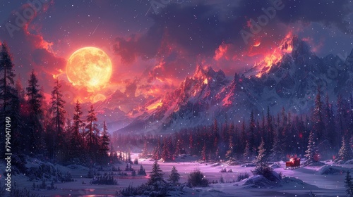 Magic and Happy New Year 2024, concept. Night forest with snow field photo
