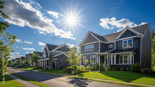 A crisp charcoal grey house with siding, standing prominently on a lush suburban street, under a bright sunny sky. photo