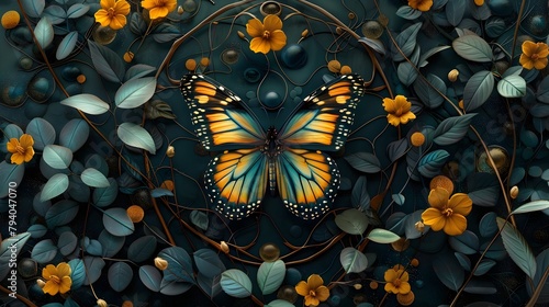 Intricate Butterfly Framed in Lush Floral Foliage - A Captivating Representation of Nature's Endangered Beauty photo