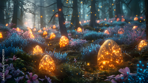 Enchanting Illuminated Easter Egg Forest Bathed in Ethereal Firefly Glow