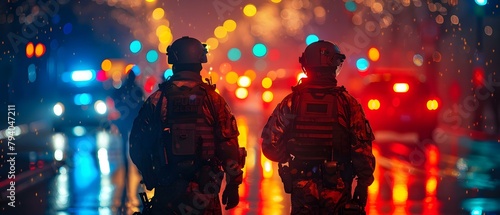 Police officers in tactical gear against glowing bokeh lights hinting at night patrol. Concept Law Enforcement, Tactical Gear, Night Patrol, Glowing Bokeh Lights