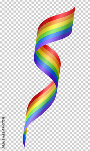 3d realistic bright curled rainbow ribbon isolated on transparent background. Wavy colorful tape with LGBTQ+ rainbow flag symbolizing love, inclusion and diversity, perfect for Pride month events.