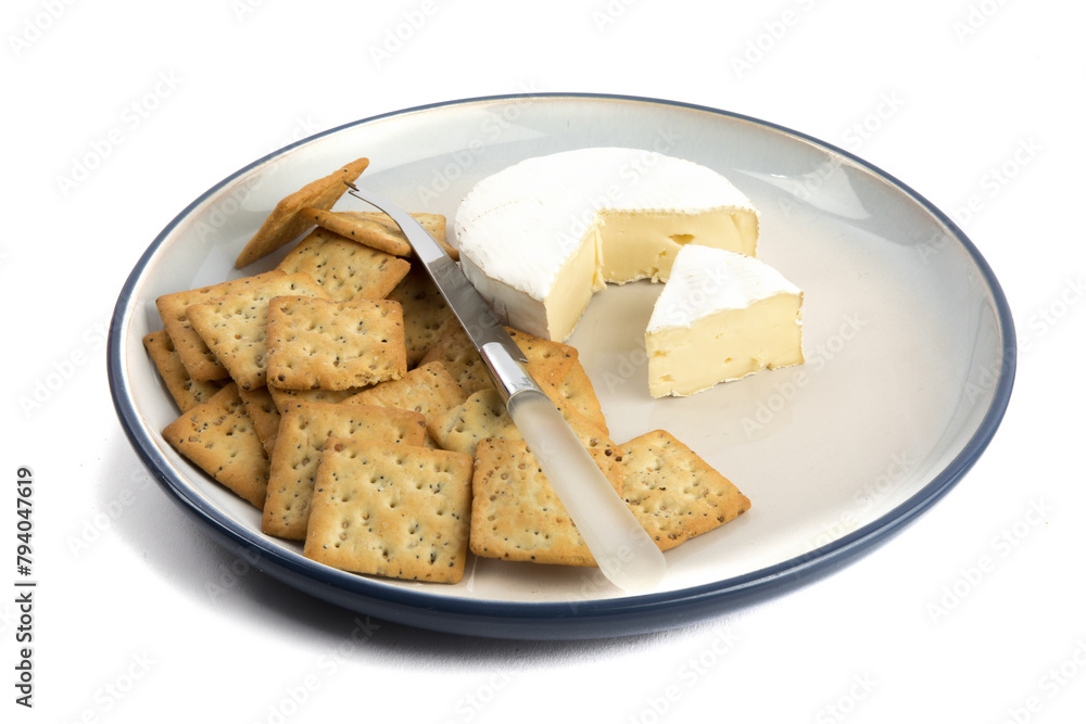 a plate of multigrain crackers with a round of brie cheese isolated on white
