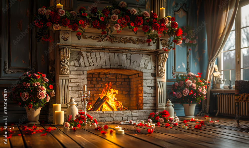 Cozy Living Room Fireplace with Vibrant Flower Arrangement, Interior Design, Home Decor