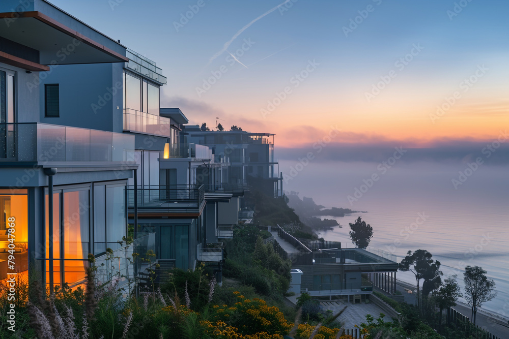 Early morning fog cloaks a coastal residential area, revealing homes with expansive windows facing the ocean.