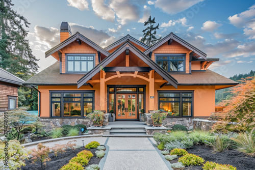 A front view of an elegant tangerine craftsman cottage style home, with a triple pitched roof, immaculate landscaping, a paved walkway, and superior curb appeal, showcasing a zest for modern living. photo