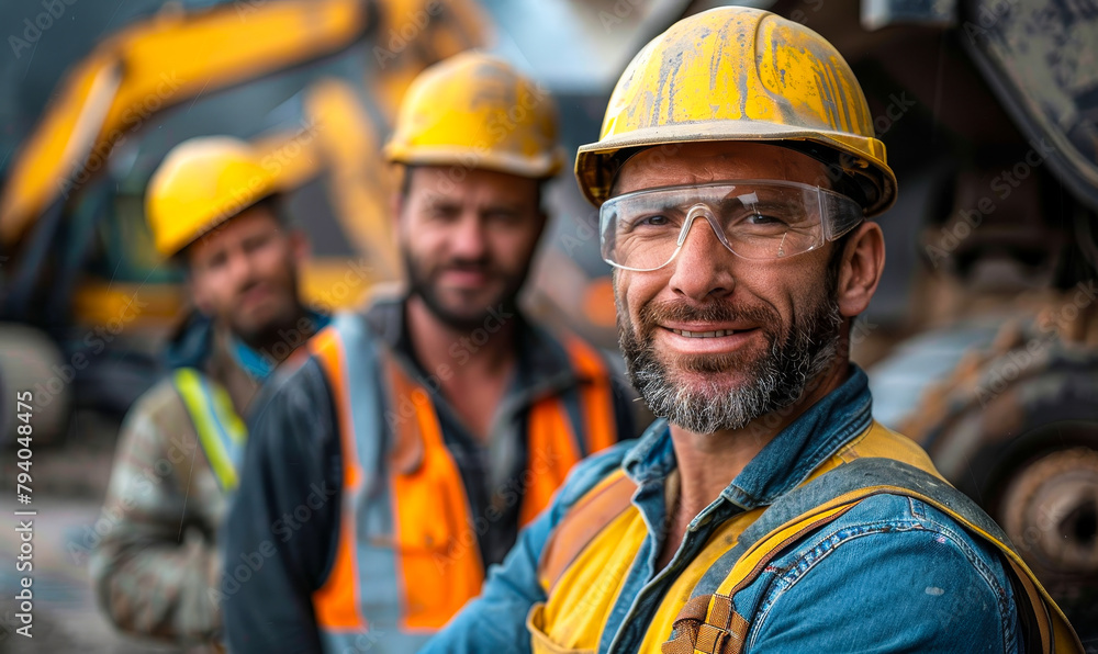 Group of diverse construction workers, men and women on excavation site with heavy machinery backdrop, wearing hard hats, safety vests Group of diverse construction workers, men and women on excavation site with heavy machinery backdrop, wearing hard hats, safety vests
