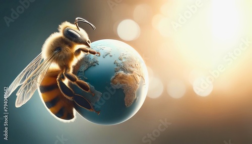 A bee is hovering over a blue and white globe. The bee is the main focus of the image, and the globe is a secondary element. Concept of wonder and curiosity, bee day.